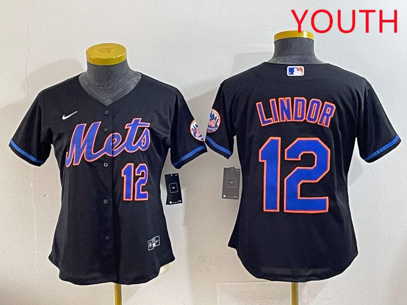 Youth 2025 New York Mets #12 Lindor Black Game Nike MLB Jersey style 1